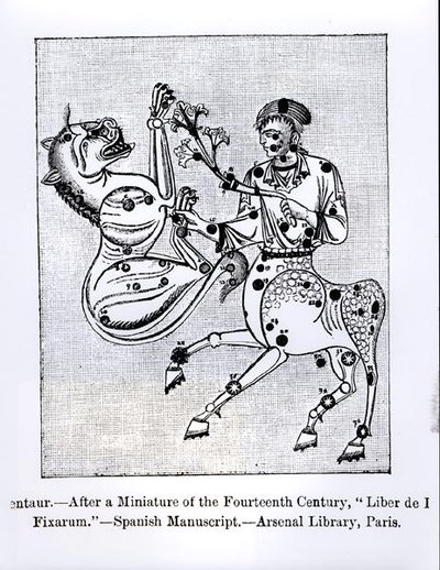 De centaur, uit Liber de Stellis Fixarum, illustratie uit Wetenschap en Literatuur in de Middeleeuwen en Renaissance, geschreven en gegraveerd door Paul Lacroix, 1878 door Spanish School